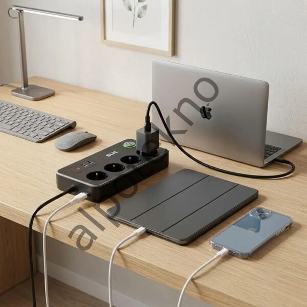 Akım Korumalı 3’lü Priz 2 USB + Type-C 2 Metre Kablolu – Termal Koruma, Çocuk Korumalı, 2500W