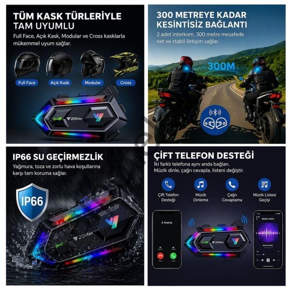 BLIC Y20 Max Bluetooth 5.3 Motosiklet Kask Intercom Kulaklık – Su Geçirmez, 25 Saat Kullanım, Telefon & Müzik Destekli