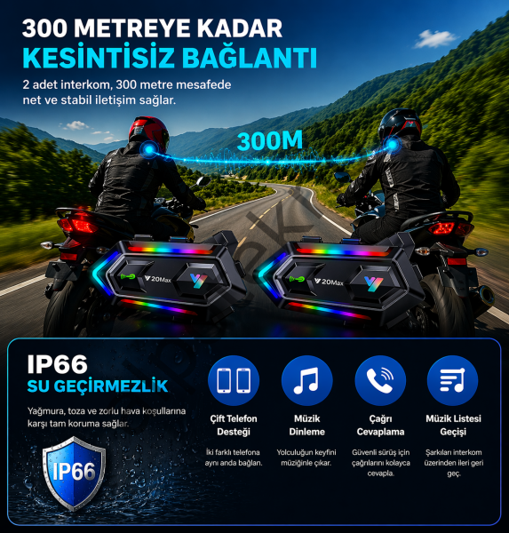 BLIC Y20 Max Bluetooth 5.3 Motosiklet Kask Intercom Kulaklık – Su Geçirmez, 25 Saat Kullanım, Telefon & Müzik Destekli
