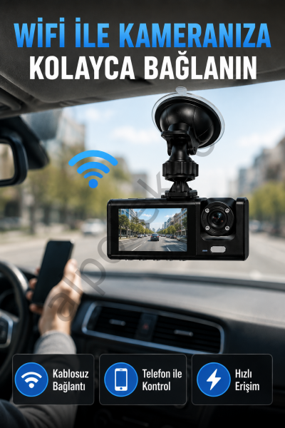 Çift Kameralı WiFi Araç Kamerası 170° Geniş Açı Full HD Araç İçi Kayıt Sistemi