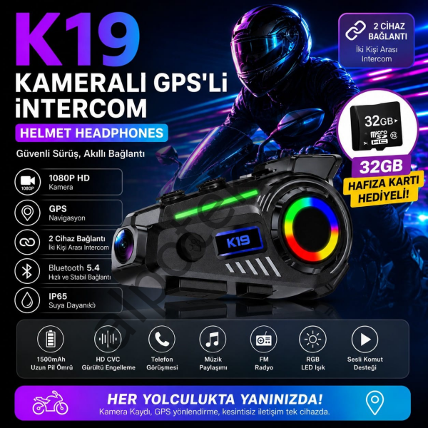 K19 Kameralı GPS’li Motosiklet intercom | 1080P HD Kamera, Bluetooth 5.4, 2 Kişi Bağlantı, RGB LED, 32GB Hafıza Kartı Hediyeli