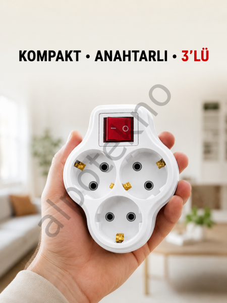 Anahtarlı 3’lü Priz Çoğaltıcı Kablosuz Duvar Tipi Topraklı Priz Çoklayıcı