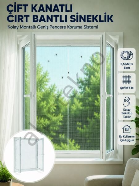Çift Kanatlı Cırt Bantlı Pencere Sinekliği Kolay Montajlı Beyaz File