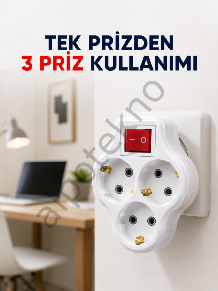 Tek Prizi 3’lü Yapan Anahtarlı Priz Adaptörü Topraklı Priz Çoğaltıcı