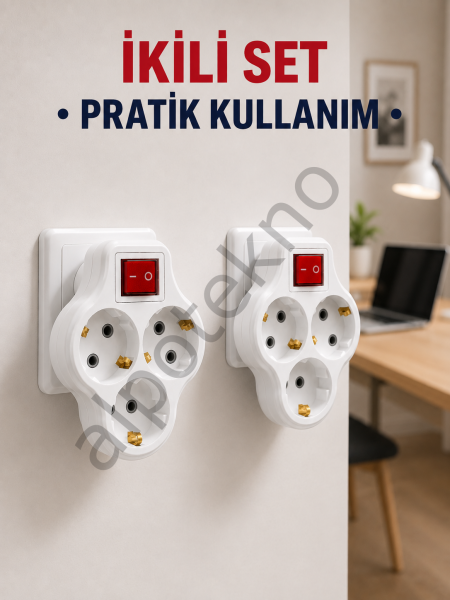 Kablosuz 3’lü Priz Çoklayıcı Açma Kapama Anahtarlı Duvar Tipi 2 Adet Set