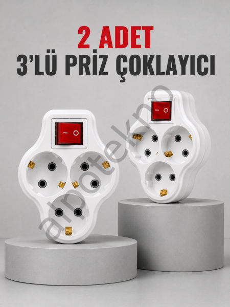 Direkt Duvar Prizine Takılan 3’lü Priz Adaptörü Anahtarlı Priz Çoklayıcı 2 Adet