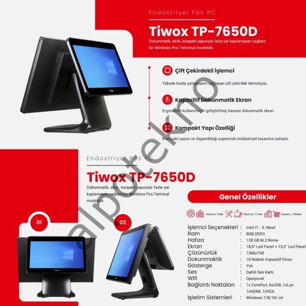 TIWOX TP-7650D I7 5.GEN 8GB/128GB SSD +13.3'' 2.EKRAN ENDÜSTRİYEL POS PC