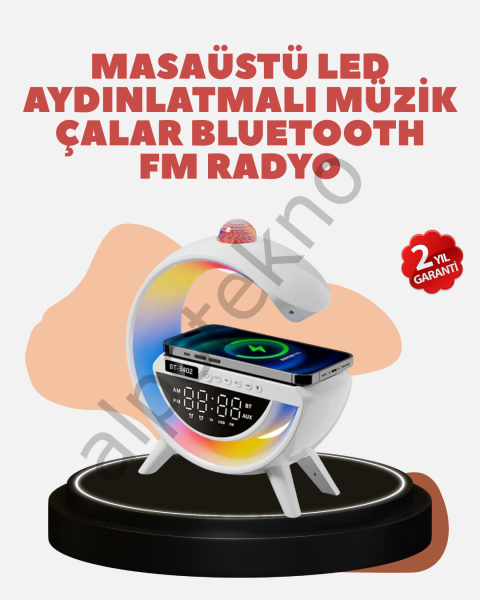 Bluetooth 5.0 Kablosuz Şarj Rampalı FM Radyo ve RGB Işıklı Hoparlör