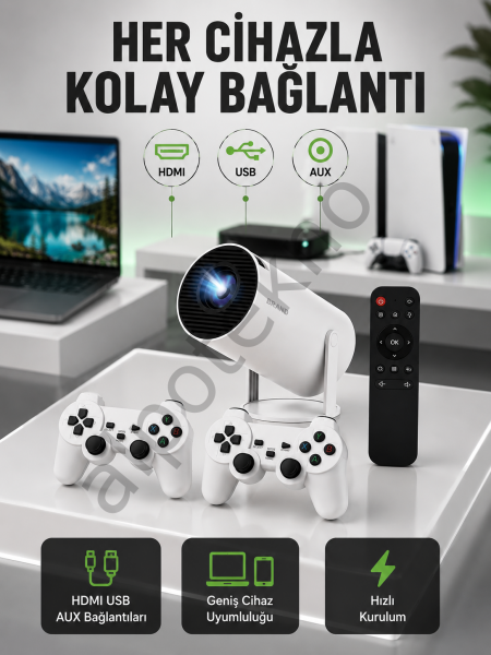 Portatif 4K Projeksiyon – 4.000 Uygulama, Kablosuz Yansıtma ve Bluetooth 5.0 Yeni Nesil