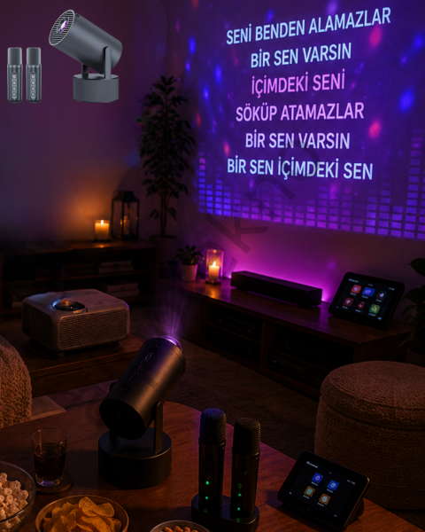 Bluetooth Hoparlörlü Akıllı Projektör Kablosuz Karaoke Mikrofonlu