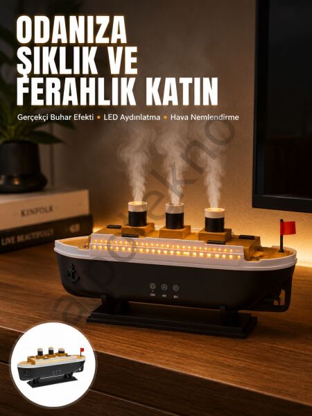 Ultra Sessiz Titanik Gemi LED Işıklı Aroma Difüzörü Oda Nemlendirici Yeni Nesil