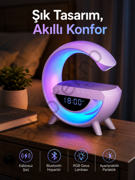 Bluetooth Hoparlör 15W Kablosuz Hızlı Şarj LED Gece Lambası