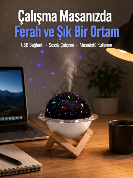 Projektör ışıklı ve aromaterapi destekli taşınabilir nemlendirici cihaz USB bağlantılı