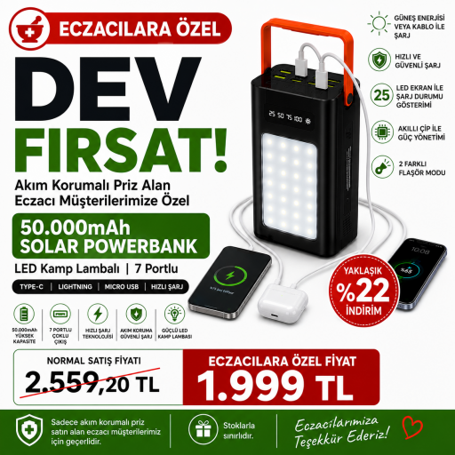 Eczacılara özel 50000mAh Solar Powerbank LED Kamp 